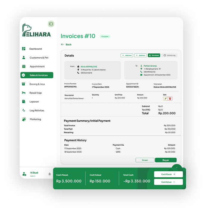 Tampilan fitur POS dan billing SiMitra Pelihara